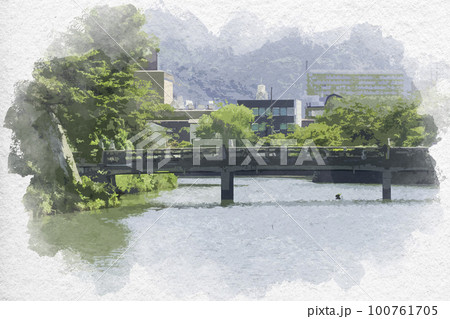 水彩画風　彦根城　京橋　滋賀県彦根市 100761705