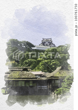 水彩画風 彦根城 玄宮楽々園 玄宮園庭園 天守と臨池閣 滋賀県彦根市 水彩画風 彦根城 玄宮楽々園 玄宮園庭園 天守と臨池閣 滋賀県彦根市 100761750