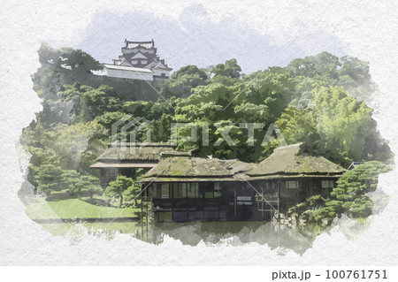水彩画風 彦根城 玄宮楽々園 玄宮園庭園 天守と臨池閣 滋賀県彦根市 水彩画風 彦根城 玄宮楽々園 玄宮園庭園 天守と臨池閣 滋賀県彦根市 100761751