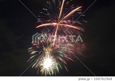Aerial view of bright fireworks exploding with colorful lights against dark night sky on US Independence day holiday 100762988