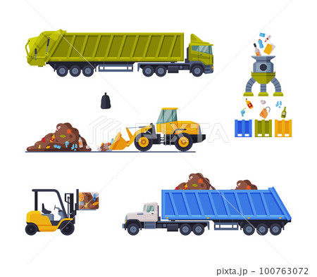 Waste Management or Garbage Processing with Machine Engaged in Trash Treatment Vector Set Waste Management or Garbage Processing with Machine Engaged in Trash Treatment Vector Set 100763072