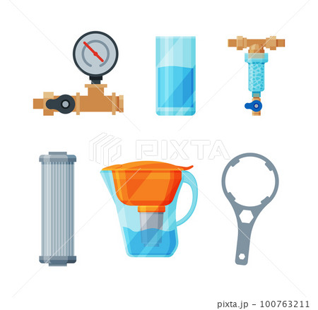 Water Filter System with Cartridge and Pitcher for Drinking Water Vector Set 100763211