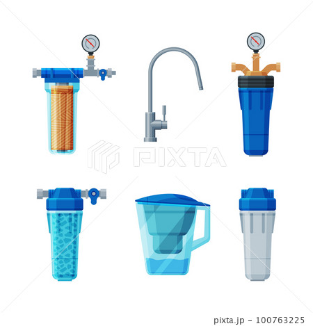 Water Filter System with Cartridge and Pitcher for Drinking Water Vector Set 100763225