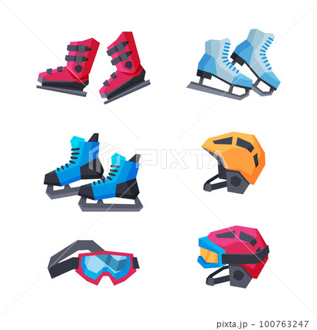 Ice Skates Pair, Goggles and Helmet Vector Set Ice Skates Pair, Goggles and Helmet Vector Set 100763247
