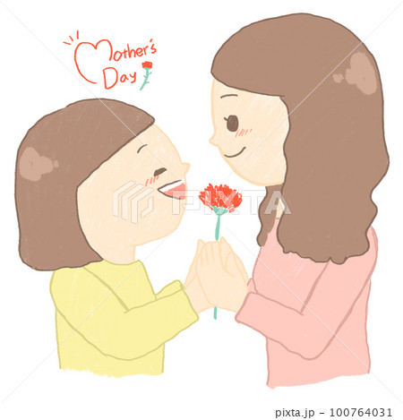母の日にカーネーションを渡す子供と母のイラスト 100764031