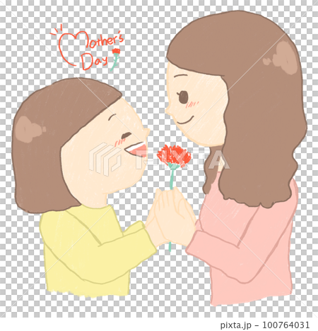 母の日にカーネーションを渡す子供と母のイラスト 100764031