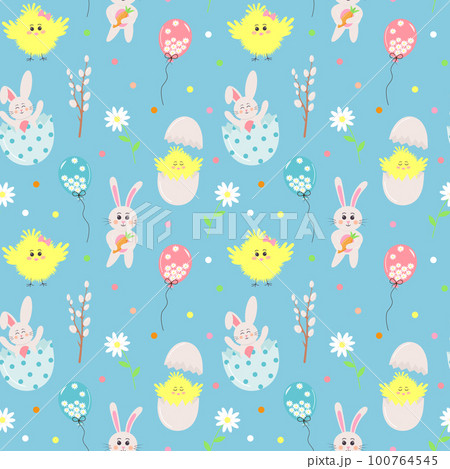 Seamless pattern with Easter bunnies, chicks, cracked eggs, willow, daisies and balloons on blue background. 100764545