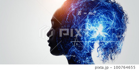 女性の横顔と科学技術のイメージ バナー・広告向け横長ビジュアル 女性の横顔と科学技術のイメージ バナー・広告向け横長ビジュアル 100764655