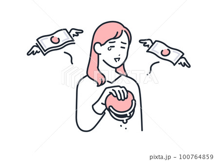 浪費してお金が無くなる若い女性のシンプルなベクターイラスト素材 100764859