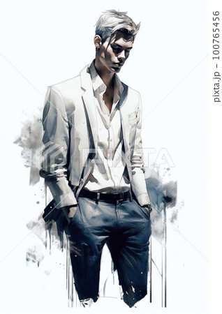 Stylish handsome man in fashion clothes. Fashion man. Hand drawn male model. 100765456
