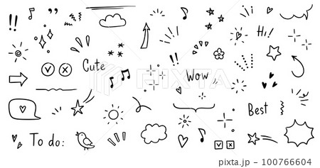 Doodle cute glitter pen line elements. Doodle heart, arrow, star, sparkle decoration symbol set icon. Simple sketch line style emphasis, attention, pattern elements. Vector 100766604