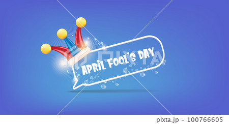 April fools day vector banner with funny clown hat and greeting text isolated on blue background. April fools day label, sticker and funky poster design template. Fools day logo and icon 100766605