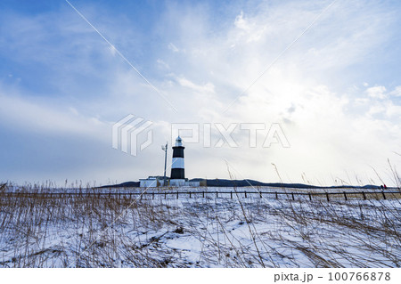 【北海道】冬景色 能取岬灯台と流氷 100766878