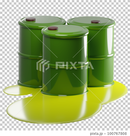 3D rendering of green metal barrels with leaking radioactive liquid. Pollution of environment with waste of chemical industry. Realistic PNG illustration isolated on transparent background 100767808