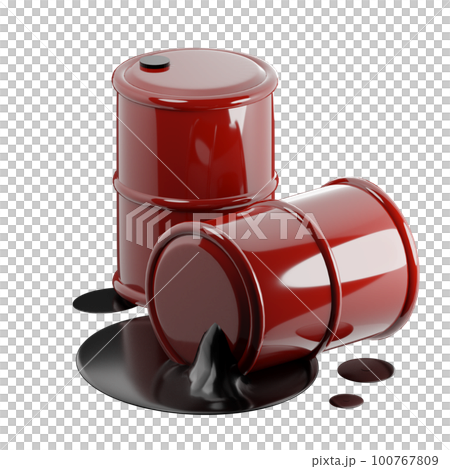 3D rendering of isometric red metal barrels with oil products. Pollution of environment with waste of oil refining and chemical industry. Realistic PNG illustration isolated on transparent background 100767809