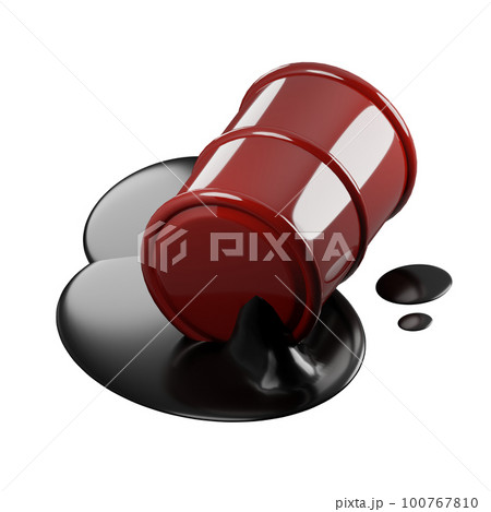 3D rendering of isometric red metal barrel with leaking oil. Pollution of environment with waste of oil refining and chemical industry. Realistic PNG illustration isolated on transparent background 100767810