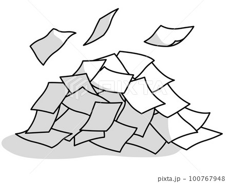 ヒラヒラと舞う紙と書類が乱雑に積まれた山 影付き ヒラヒラと舞う紙と書類が乱雑に積まれた山 影付き 100767948