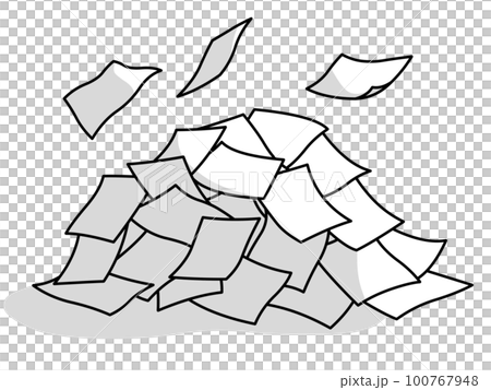 ヒラヒラと舞う紙と書類が乱雑に積まれた山 影付き ヒラヒラと舞う紙と書類が乱雑に積まれた山 影付き 100767948