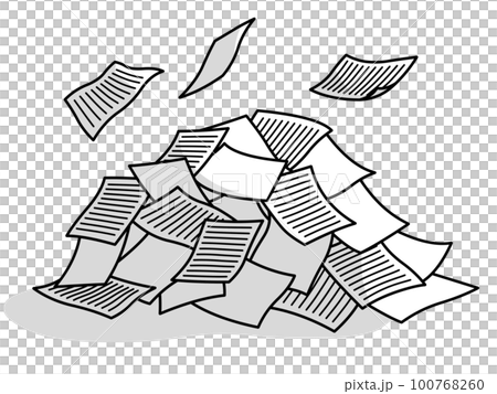 ヒラヒラと舞う紙と書類が乱雑に積まれた山 罫線・影付き ヒラヒラと舞う紙と書類が乱雑に積まれた山 罫線・影付き 100768260