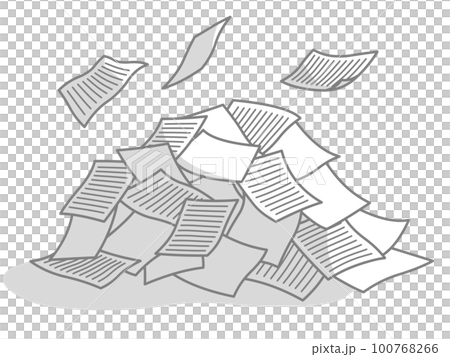 ヒラヒラと舞う紙と書類が乱雑に積まれた山 グレーライン 罫線・影付き ヒラヒラと舞う紙と書類が乱雑に積まれた山 グレーライン 罫線・影付き 100768266