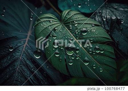 Tropical green leaves background, dark green leaves 100768477