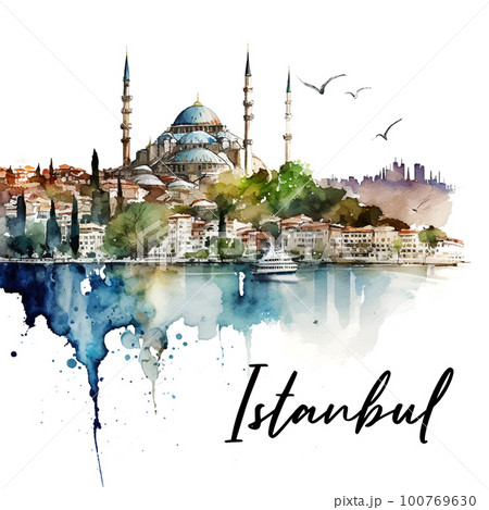 Picturesque landscape of Istanbul watercolor...のイラスト素材