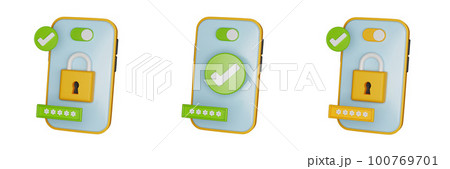 3D phone secure fraud protect icon set, cyber privacy personal concept render, safety VPN pin code.  100769701