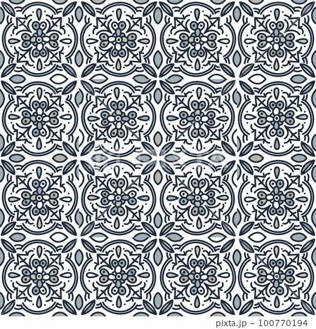 Ethnic floral mosaic tile. Abstract geometric ornamental seamless pattern. Vintage decorative ornament. 100770194