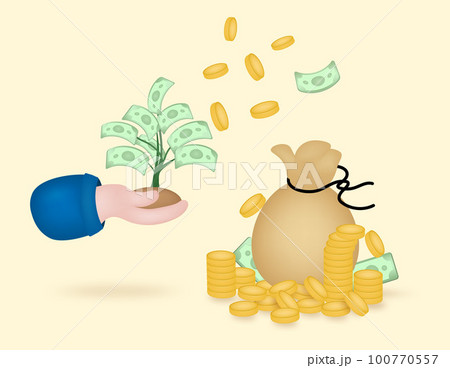 Grow rich money tree in hand. Money creative business 3d design gold coins. Saving finance investment. Financial services. Vector illustration 100770557