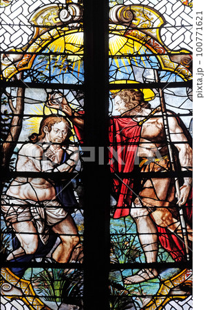 The Baptism of Jesus, stained glass windows in the Saint Gervais and Saint Protais Church, Paris, France The Baptism of Jesus, stained glass windows in the Saint Gervais and Saint Protais Church, Paris, France 100771621