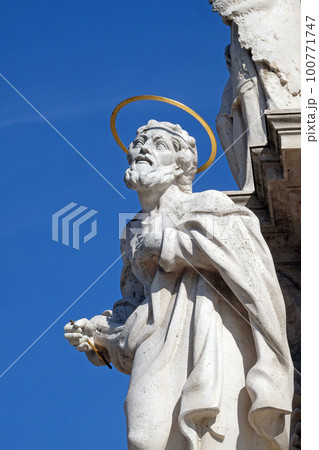 Statue of Saint Joseph, detail of Holy Trinity plague column in front of Matthias Church in Budapest, Hungary Statue of Saint Joseph, detail of Holy Trinity plague column in front of Matthias Church in Budapest, Hungary 100771747