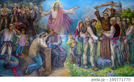 The altarpiece shows the faith of the Albanian people in Jesus Christ in Mother Teresa cathedral in Vau i Dejes, Albania 100771770