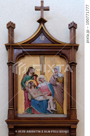 13th Stations of the Cross, Jesus' body is removed from the cross, Mother Teresa cathedral in Vau i Dejes, Albania 100771777