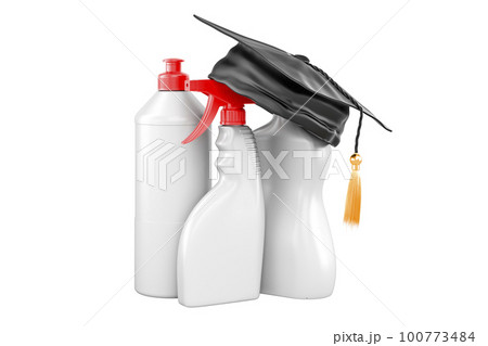 Detergent, cleaning products with education hat. 3D rendering Detergent, cleaning products with education hat. 3D rendering 100773484