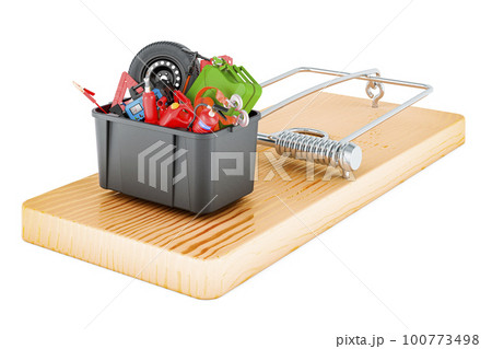 Plastic box full of car tools, equipment and accessories inside mousetrap. 3D rendering 100773498