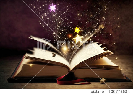 Open magical book with glowing lights over pages on abstract