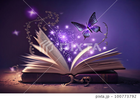 Open magical book with glowing lights over pages on abstract background. Fantasy reading. Created with Generative AI Open magical book with glowing lights over pages on abstract background. Fantasy reading. Created with Generative AI 100773792