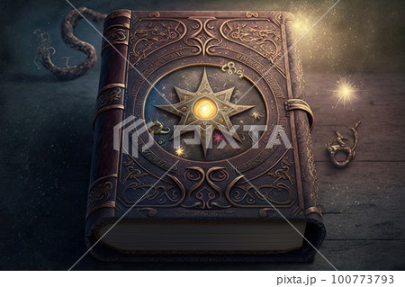 Magical book with glowing lights over pages on abstract background. Fantasy reading. Created with Generative AI Magical book with glowing lights over pages on abstract background. Fantasy reading. Created with Generative AI 100773793