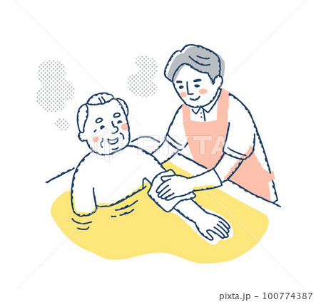 シニア男性の入浴介助をしている介護スタッフ 100774387