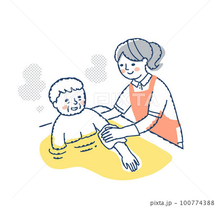 シニア女性の入浴介助をしている介護スタッフ 100774388