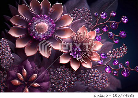 Amethyst druze crystal flowers. Magic fantastic gemstone flowers. Generative AI illustration Amethyst druze crystal flowers. Magic fantastic gemstone flowers. Generative AI illustration 100774938