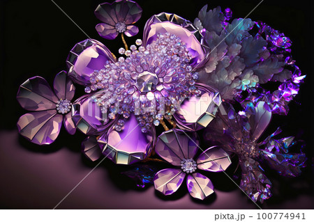 Amethyst druze crystal flowers. Magic fantastic gemstone flowers. Generative AI illustration 100774941