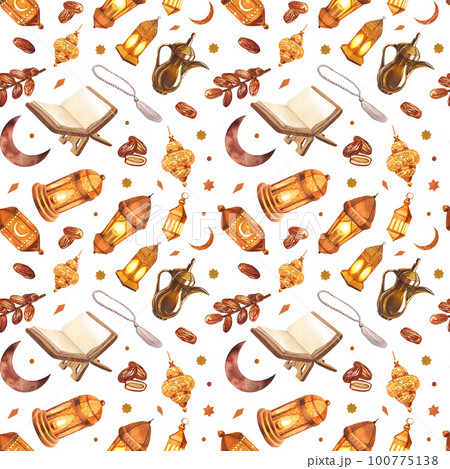 Watercolor painted seamless pattern islamic object. Hand-drawn illustration isolated on white background. For islamic celebration day ramadan kareem, eid al fitr adha, arab design. 100775138