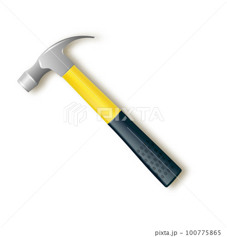 Hammer with a rubberized yellow handle. Hammer and nail puller, two in one. Vector industrial workers tool. Equipment for repair, contract and locksmith work. Vector 100775865