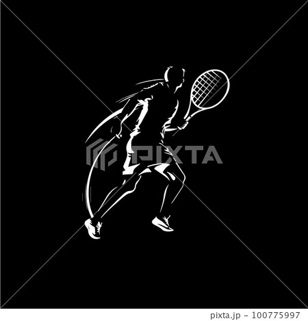 Big tennis player with racket training, white linear silhouette sketch, sport game logo template, hand drawing tattoo on black background. Vector illustration. 100775997