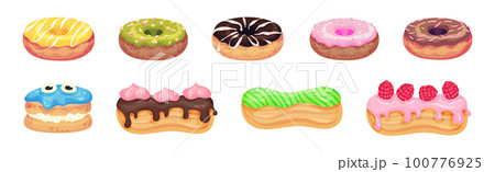 Sweet and Yummy Creamy Eclair and Donut Dessert Vector Set 100776925
