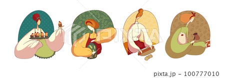 Woman in Apron Cooking Meal Engaged in Culinary Vector Set Woman in Apron Cooking Meal Engaged in Culinary Vector Set 100777010