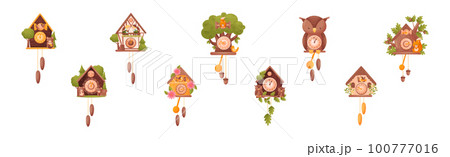 Wooden Cuckoo Clock with Hanging Pendulum Vector Set Wooden Cuckoo Clock with Hanging Pendulum Vector Set 100777016