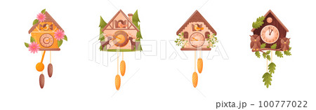 Wooden Cuckoo Clock with Hanging Pendulum Vector Set 100777022