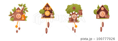 Wooden Cuckoo Clock with Hanging Pendulum Vector Set 100777026